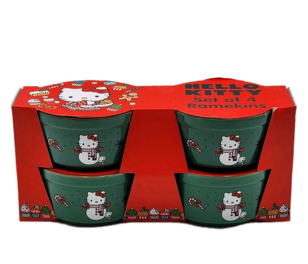 Hello Kitty Ramekins Set Of Snow Kitty & Candy Cane Christmas Design Green NEW